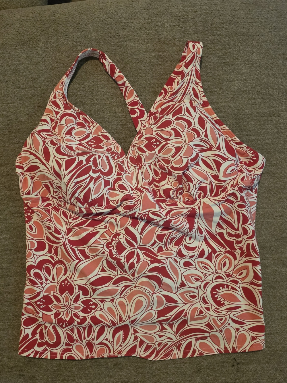 Lands' End Coral and White Floral V-Neck Tankini Top